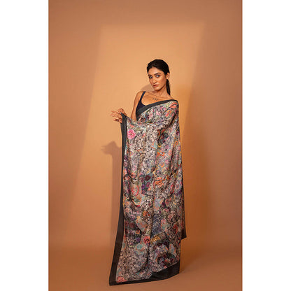 UNALLUME BY NISHA Floral Camouflage Silk Saree with Unstitched Blouse - Grey