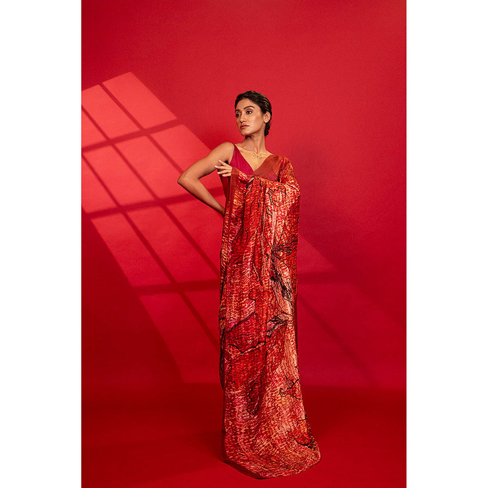 UNALLUME BY NISHA Crimson Red Blossom Silk Saree with Unstitched Blouse