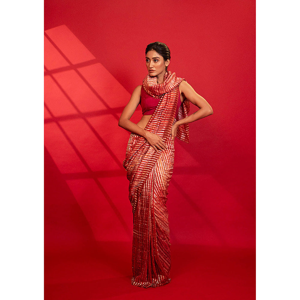 UNALLUME BY NISHA Scarlet Bloom Silk Saree with Unstitched Blouse - Red