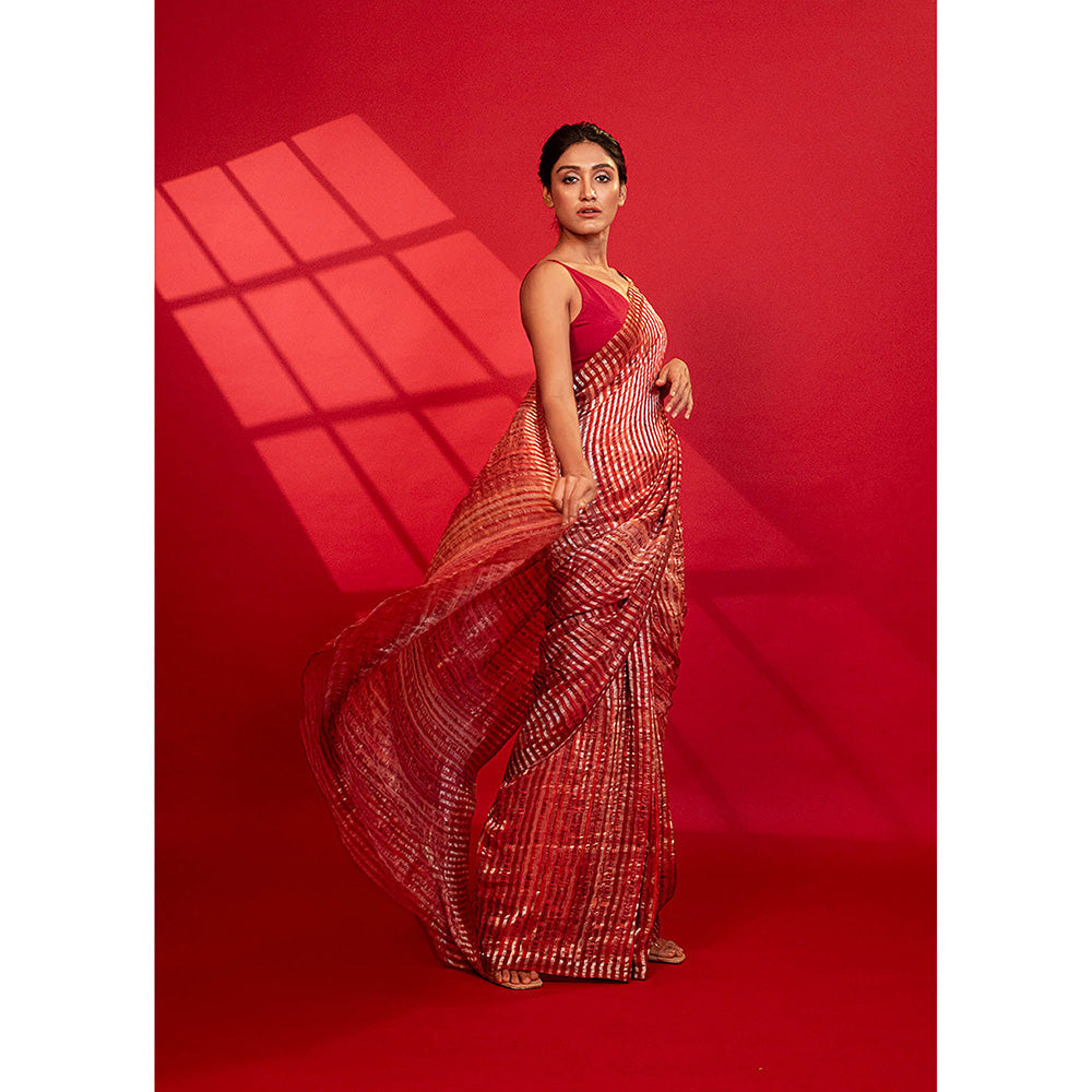 UNALLUME BY NISHA Scarlet Bloom Silk Saree with Unstitched Blouse - Red