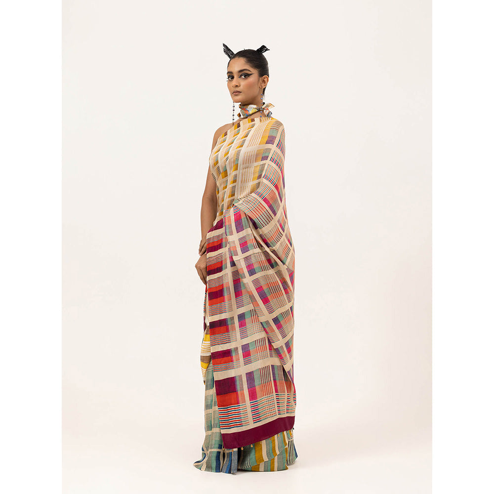 UNALLUME BY NISHA Modern Mosaic Silk Saree with Unstitched Blouse - Multi-Color