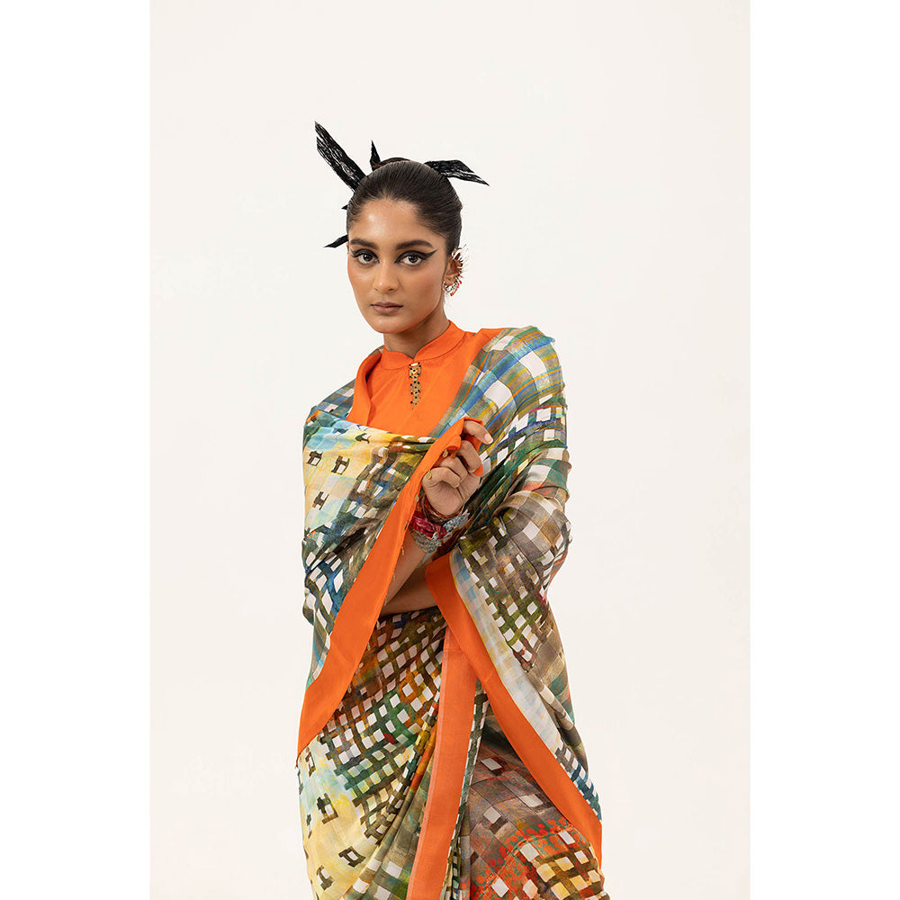 UNALLUME BY NISHA Vibrant Grid Silk Saree with Unstitched Blouse - Multi-Color