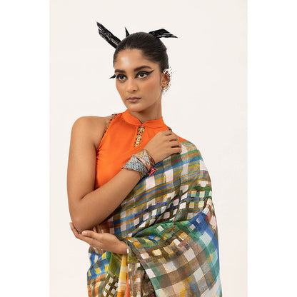 UNALLUME BY NISHA Vibrant Grid Silk Saree with Unstitched Blouse - Multi-Color