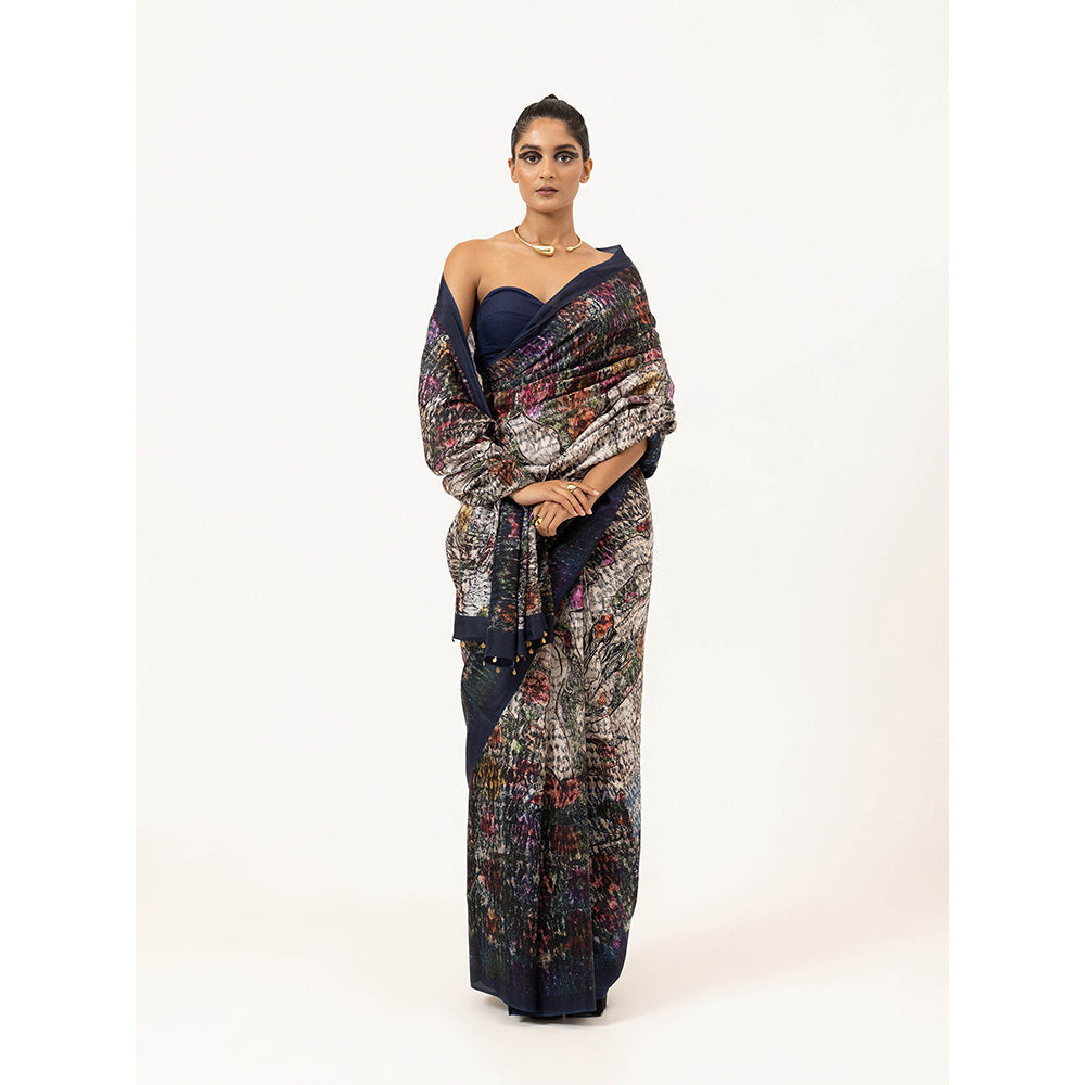 UNALLUME BY NISHA Whispering Bloom Silk Saree with Unstitched Blouse - Navy Blue
