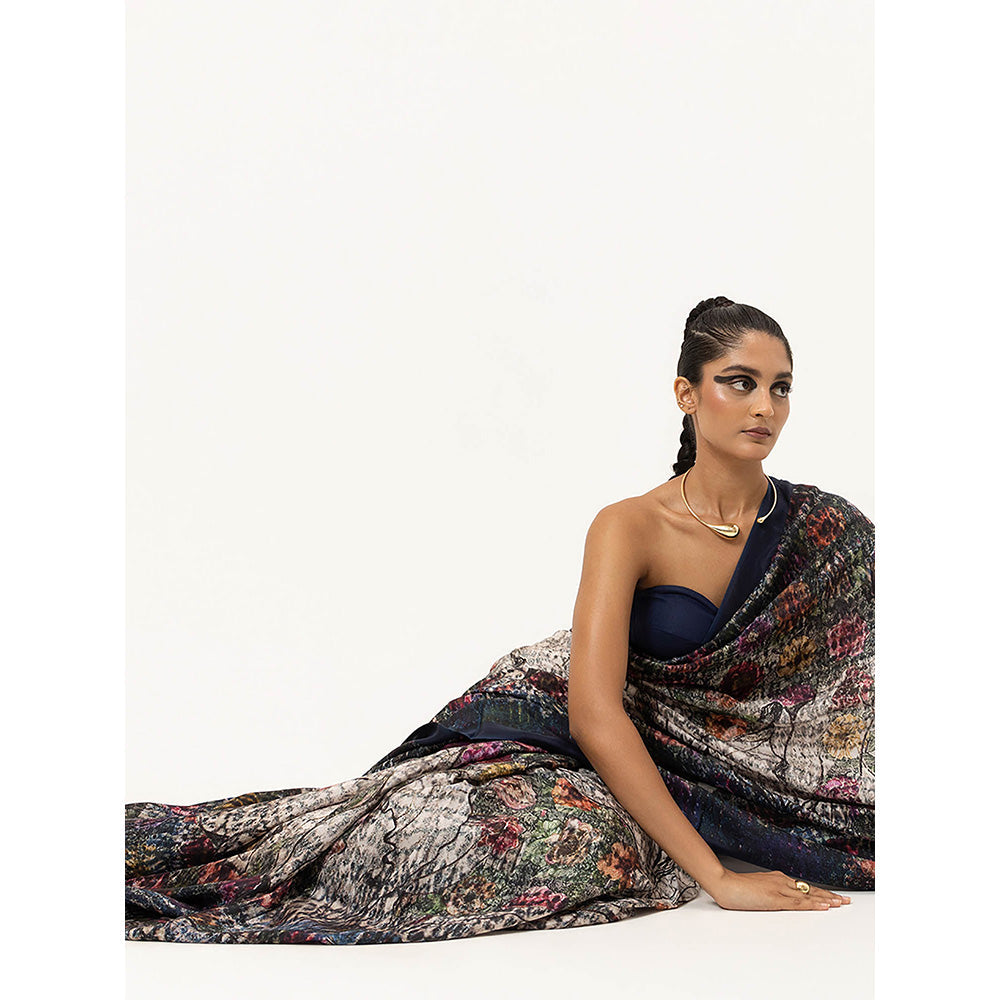 UNALLUME BY NISHA Whispering Bloom Silk Saree with Unstitched Blouse - Navy Blue