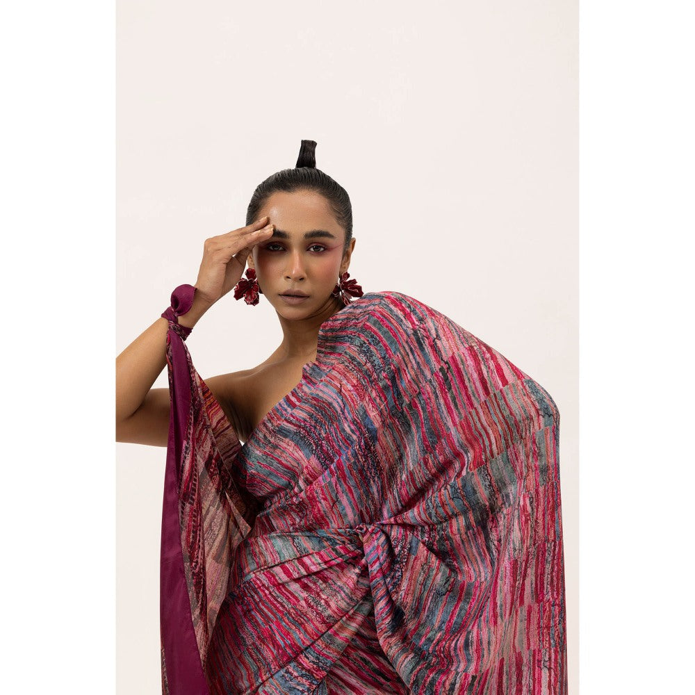 UNALLUME BY NISHA Crimson Tide Silk Saree with Unstitched Blouse - Pink