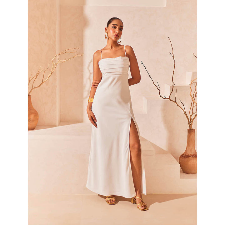 Urban Suburban White Twill Evening Gown with a Slit