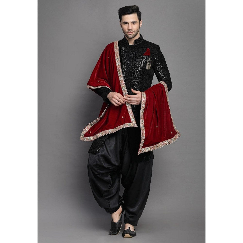 UTSAV FASHION Embroidered Asymmetrical Velvet Black Sherwani with Salwar