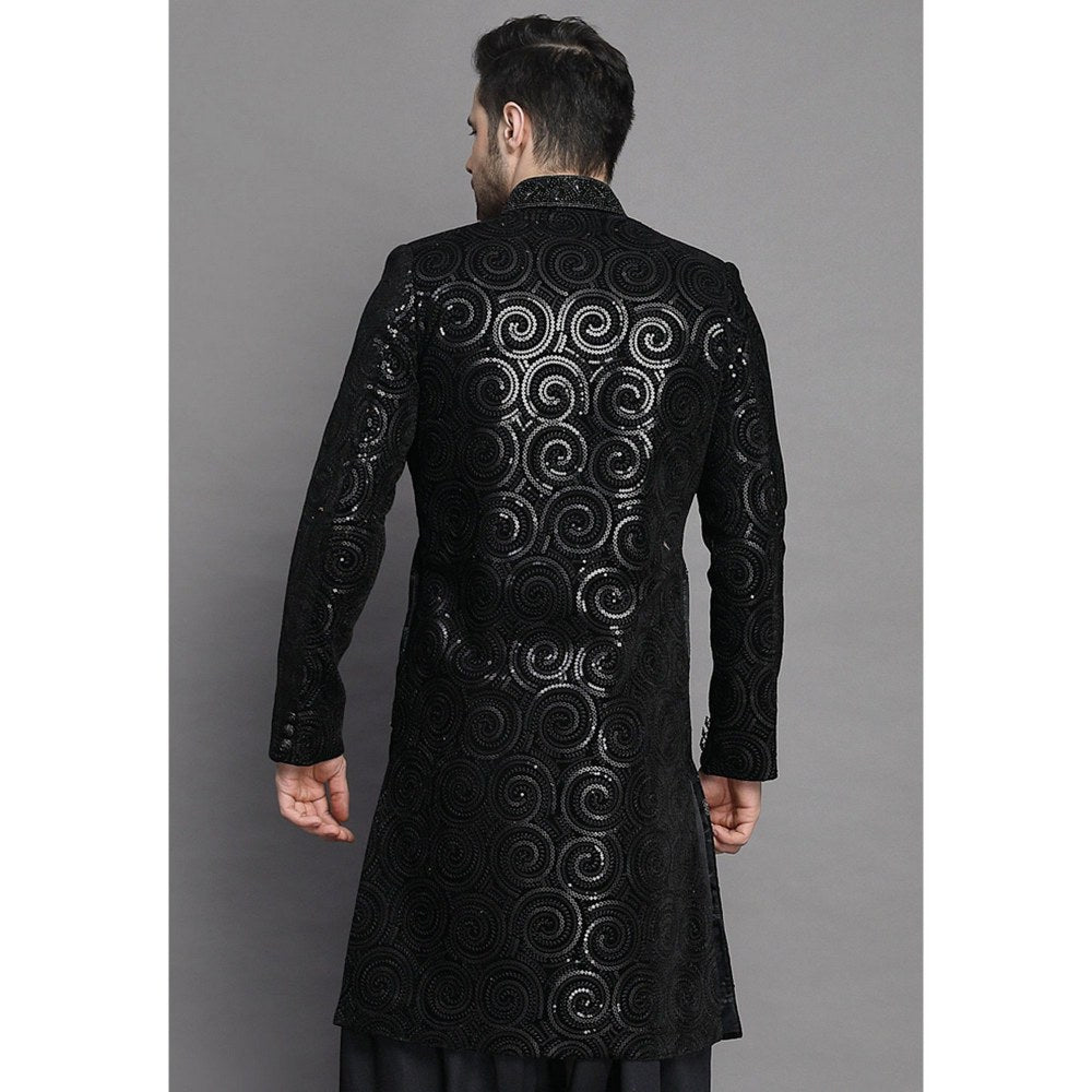 UTSAV FASHION Embroidered Asymmetrical Velvet Black Sherwani with Salwar