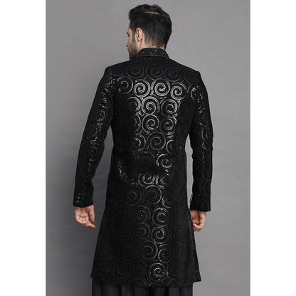 UTSAV FASHION Embroidered Asymmetrical Velvet Black Sherwani with Salwar