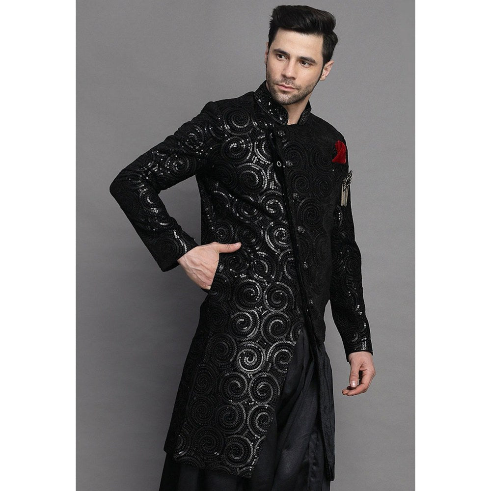 UTSAV FASHION Embroidered Asymmetrical Velvet Black Sherwani with Salwar