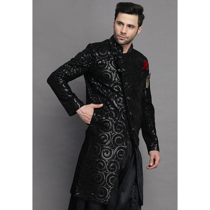 UTSAV FASHION Embroidered Asymmetrical Velvet Black Sherwani with Salwar