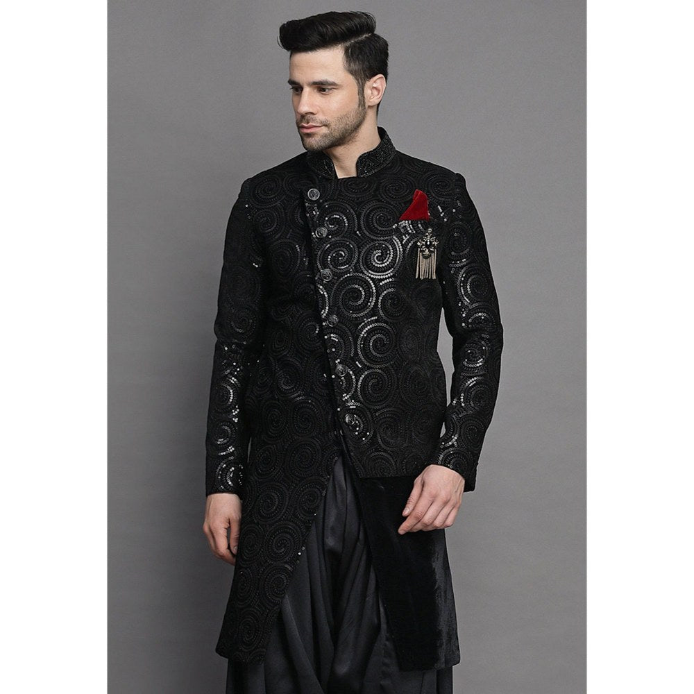 UTSAV FASHION Embroidered Asymmetrical Velvet Black Sherwani with Salwar