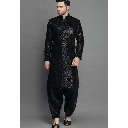 UTSAV FASHION Embroidered Straight Velvet Black Sherwani with Salwar