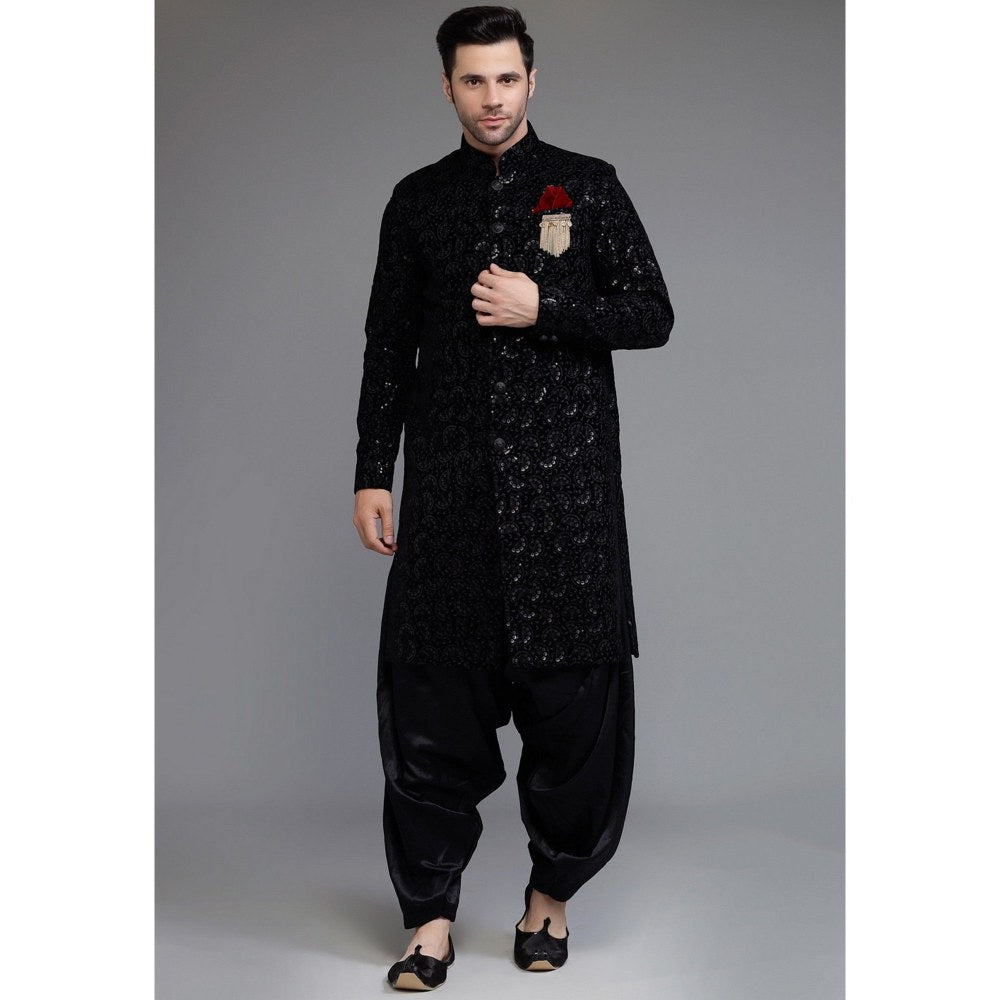 UTSAV FASHION Embroidered Straight Velvet Black Sherwani with Dhoti Pant