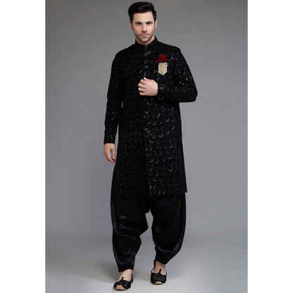 UTSAV FASHION Embroidered Straight Velvet Black Sherwani with Dhoti Pant