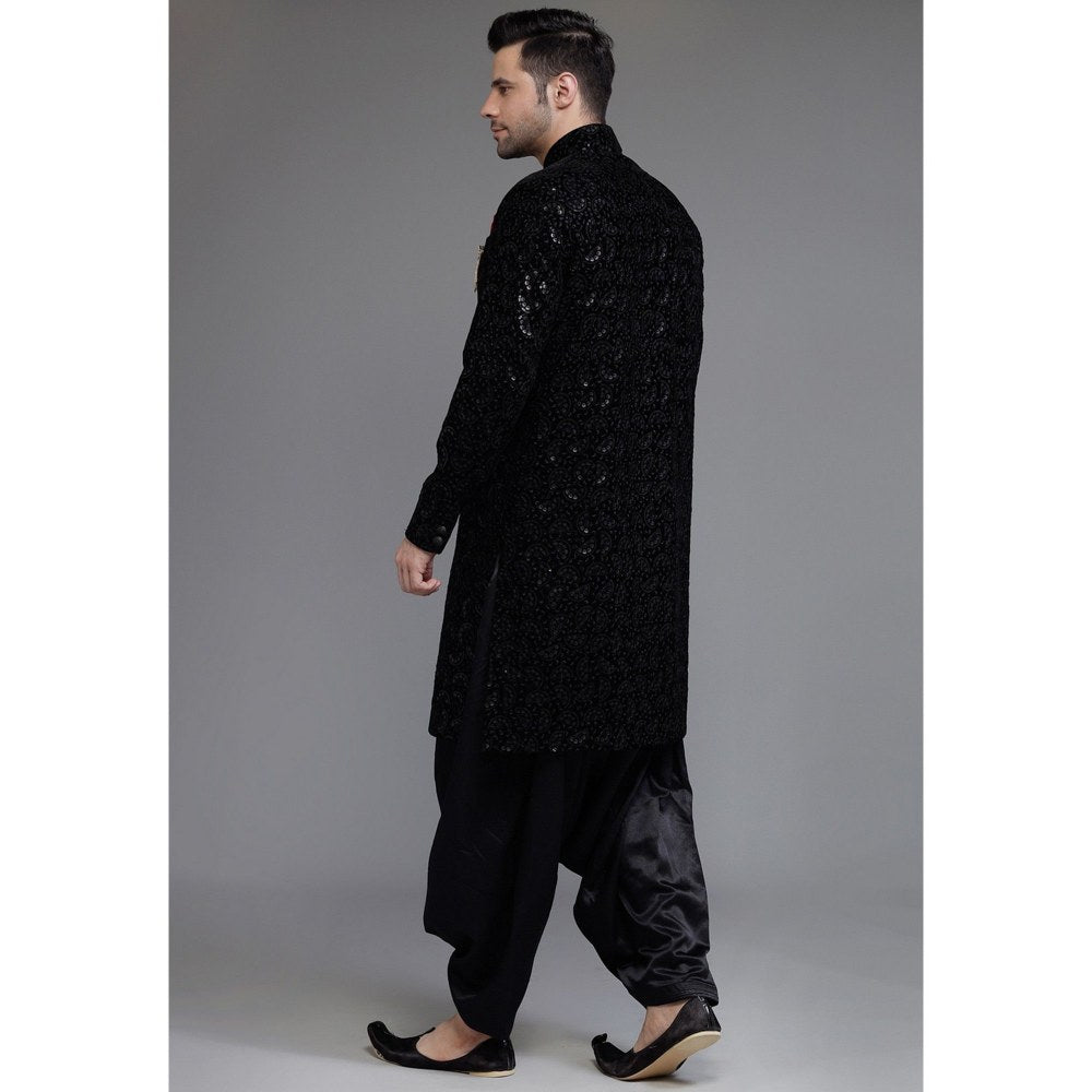 UTSAV FASHION Embroidered Straight Velvet Black Sherwani with Dhoti Pant