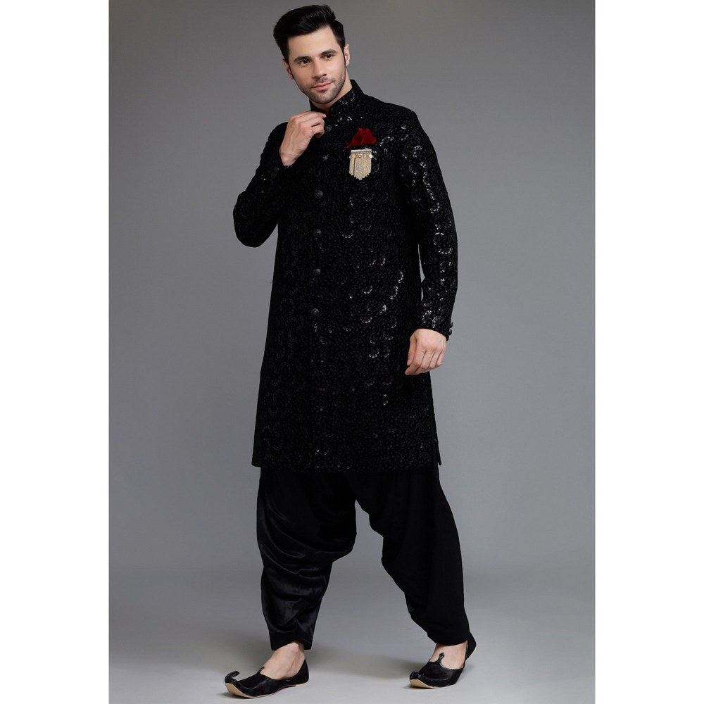 UTSAV FASHION Embroidered Straight Velvet Black Sherwani with Dhoti Pant