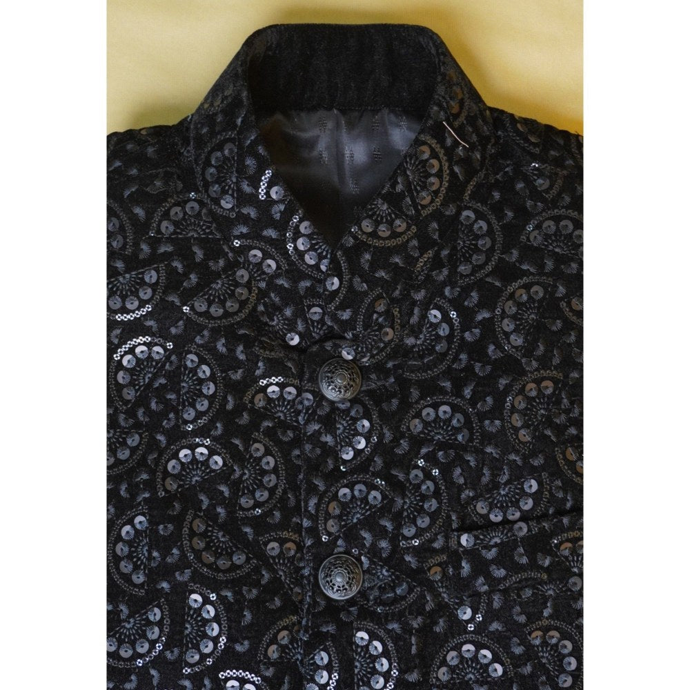 UTSAV FASHION Embroidered Straight Velvet Black Sherwani with Dhoti Pant
