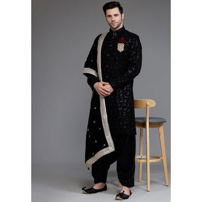 UTSAV FASHION Embroidered Straight Velvet Black Sherwani with Dhoti Pant