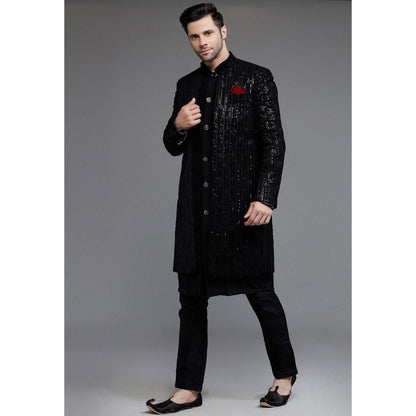 UTSAV FASHION Embroidered Velvet Black Sherwani with Kurta and Pant