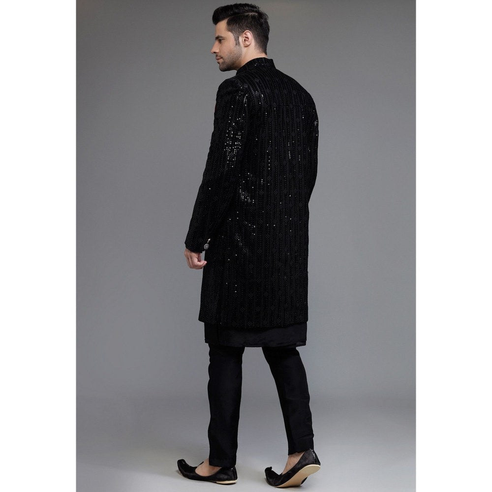 UTSAV FASHION Embroidered Velvet Black Sherwani with Kurta and Pant