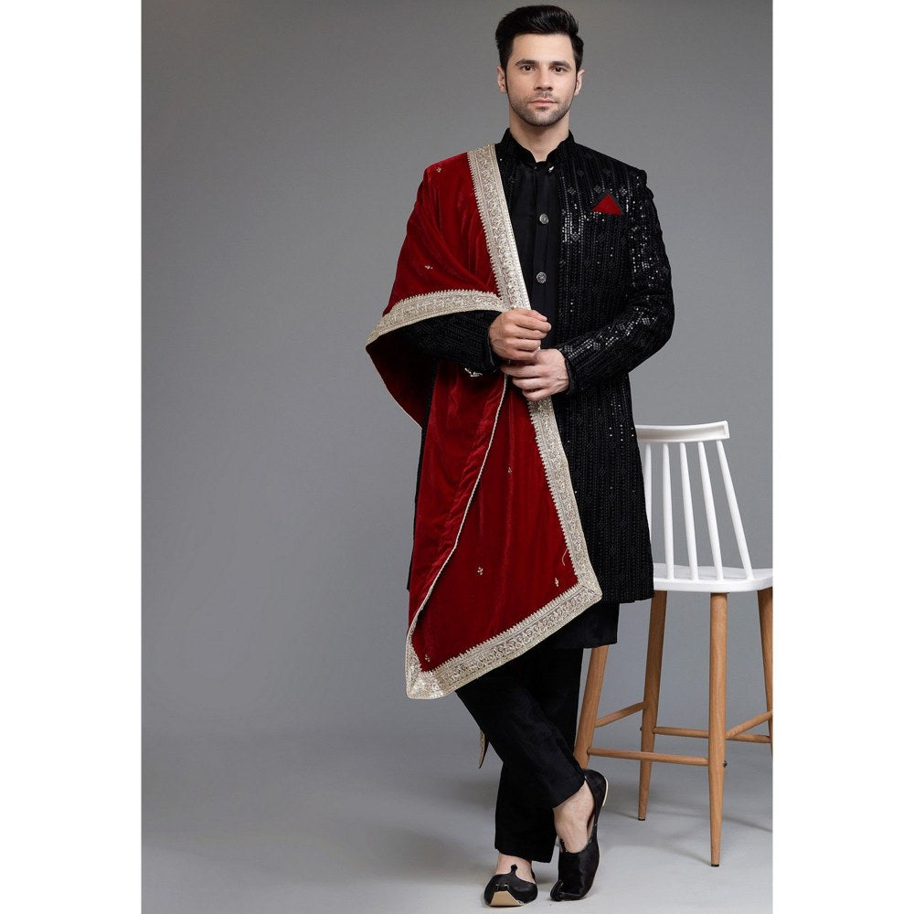 UTSAV FASHION Embroidered Velvet Black Sherwani with Kurta and Pant