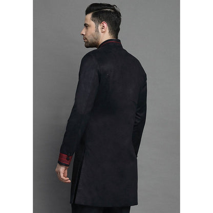 UTSAV FASHION Contrast Trim Suede Black Sherwani with Pant