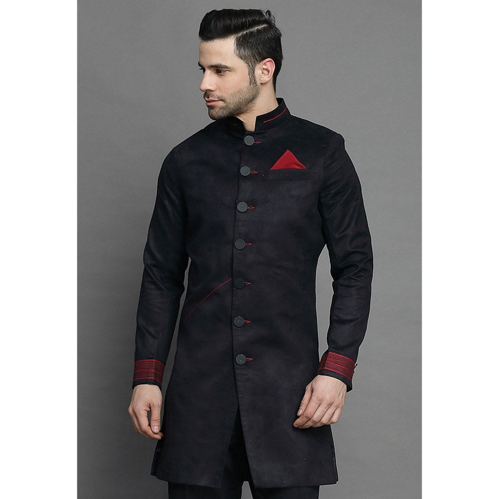 UTSAV FASHION Contrast Trim Suede Black Sherwani with Pant
