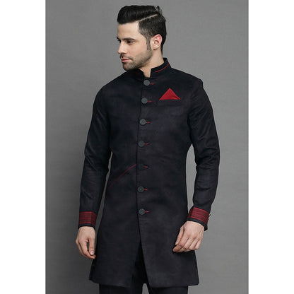 UTSAV FASHION Contrast Trim Suede Black Sherwani with Pant