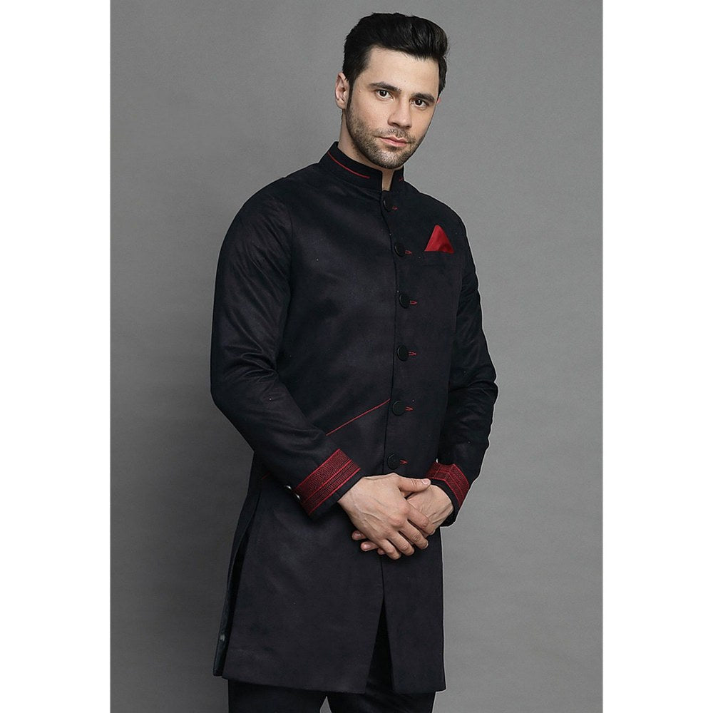 UTSAV FASHION Contrast Trim Suede Black Sherwani with Pant