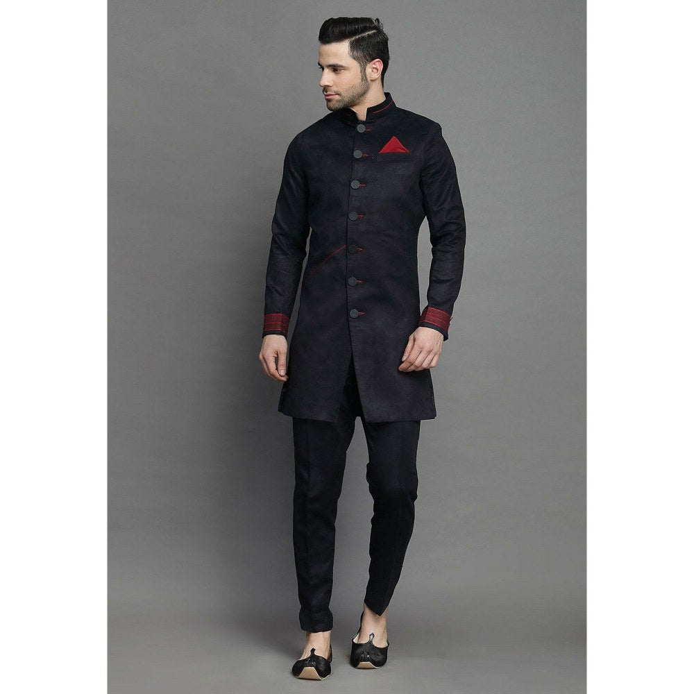 UTSAV FASHION Contrast Trim Suede Black Sherwani with Pant