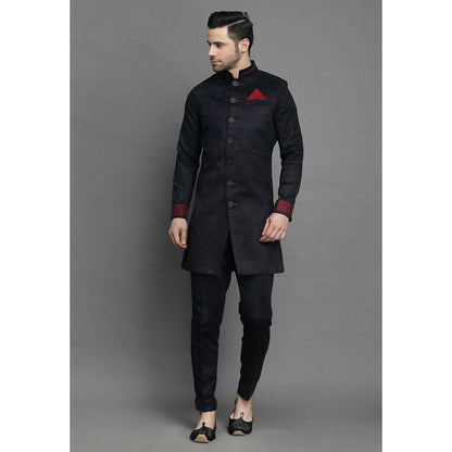 UTSAV FASHION Contrast Trim Suede Black Sherwani with Pant