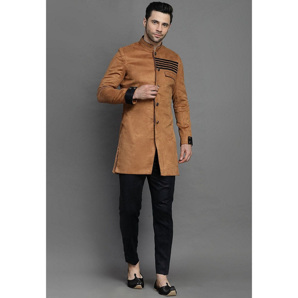 UTSAV FASHION Contrast Trim Suede Brown Sherwani with Pant