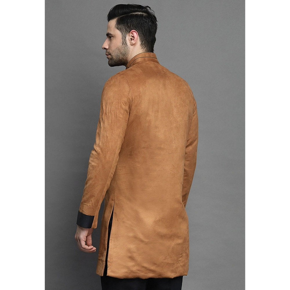 UTSAV FASHION Contrast Trim Suede Brown Sherwani with Pant