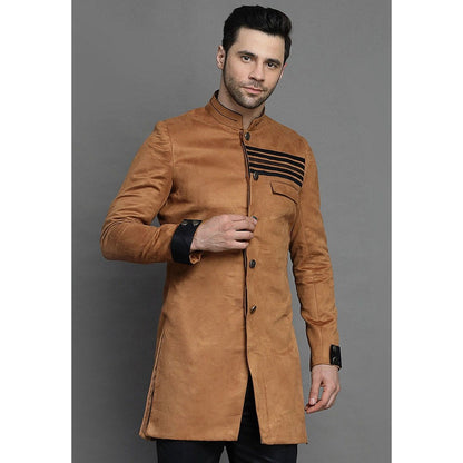 UTSAV FASHION Contrast Trim Suede Brown Sherwani with Pant