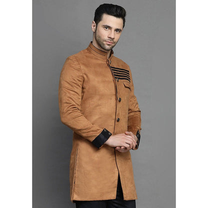 UTSAV FASHION Contrast Trim Suede Brown Sherwani with Pant