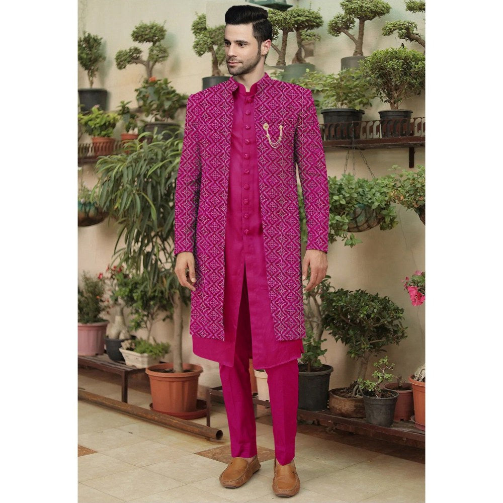 UTSAV FASHION Embroidered Magenta Cotton Silk Faux Georgette Sherwani with Pant and Jacket