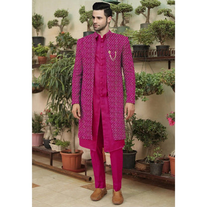 UTSAV FASHION Embroidered Magenta Cotton Silk Faux Georgette Sherwani with Pant and Jacket