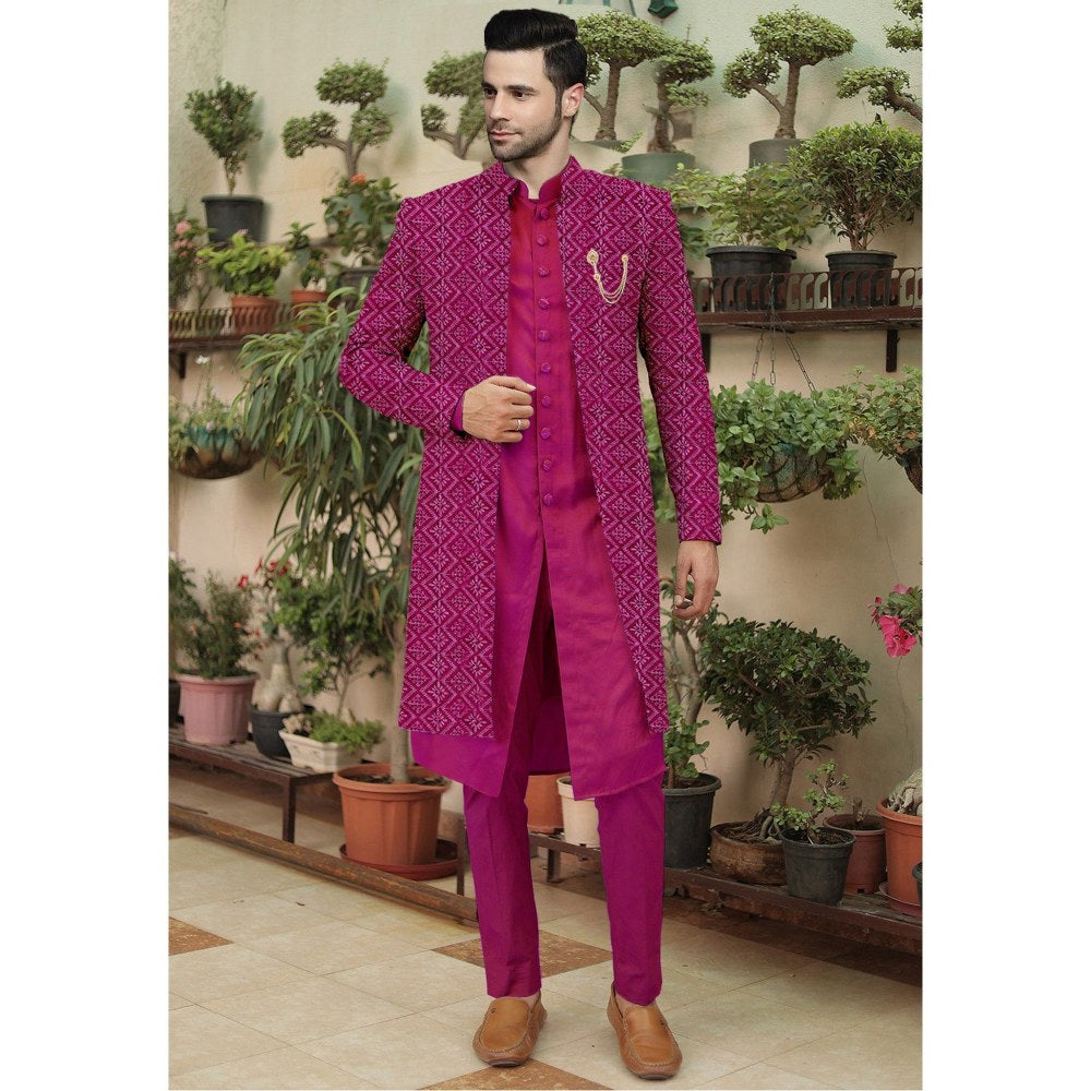 UTSAV FASHION Embroidered Magenta Cotton Silk Faux Georgette Sherwani with Pant and Jacket