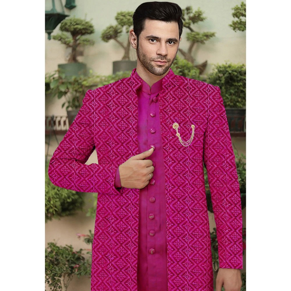 UTSAV FASHION Embroidered Magenta Cotton Silk Faux Georgette Sherwani with Pant and Jacket