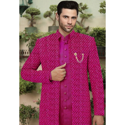 UTSAV FASHION Embroidered Magenta Cotton Silk Faux Georgette Sherwani with Pant and Jacket