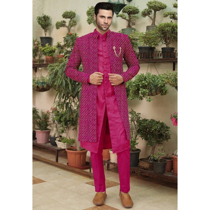 UTSAV FASHION Embroidered Magenta Cotton Silk Faux Georgette Sherwani with Pant and Jacket