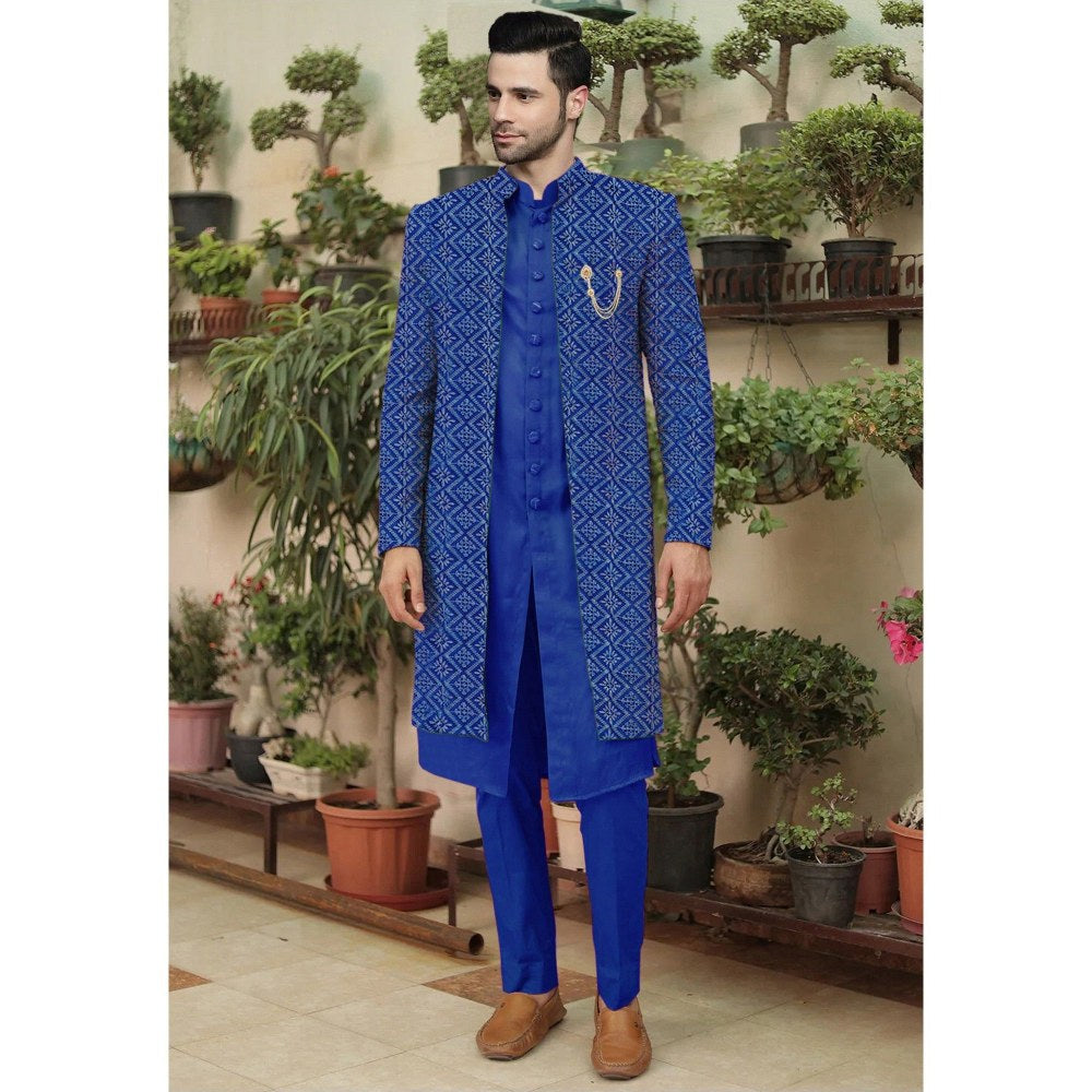 UTSAV FASHION Embroidered Blue Cotton Silk Faux Georgette Sherwani with Pant and Jacket