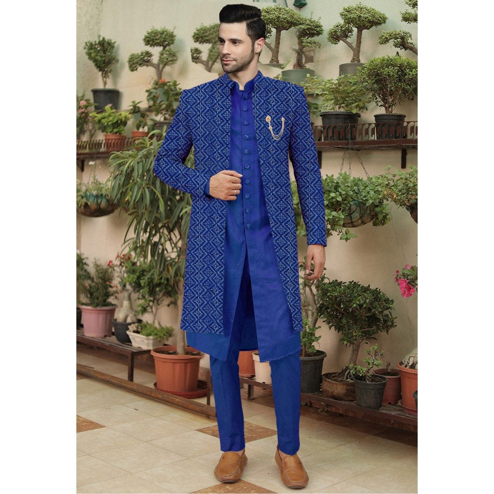 UTSAV FASHION Embroidered Blue Cotton Silk Faux Georgette Sherwani with Pant and Jacket