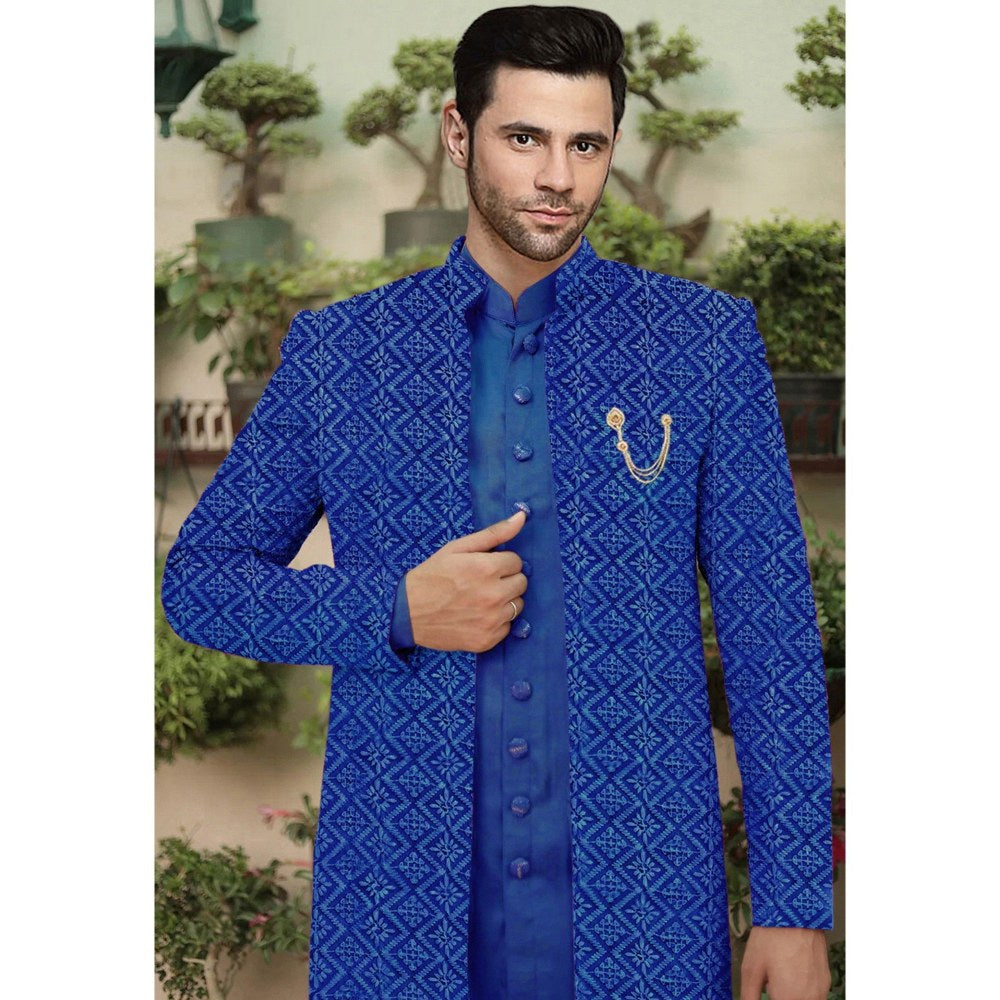 UTSAV FASHION Embroidered Blue Cotton Silk Faux Georgette Sherwani with Pant and Jacket