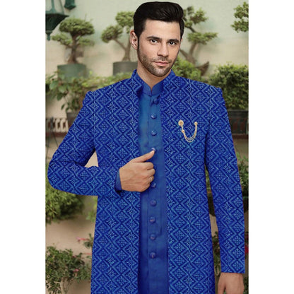 UTSAV FASHION Embroidered Blue Cotton Silk Faux Georgette Sherwani with Pant and Jacket