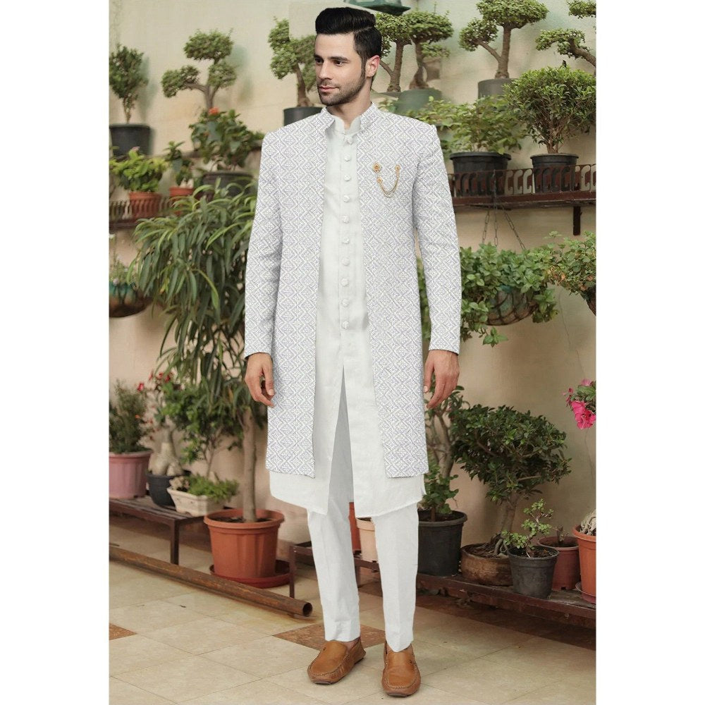UTSAV FASHION Embroidered Off White Cotton Silk Faux Georgette Sherwani with Pant and Jacket