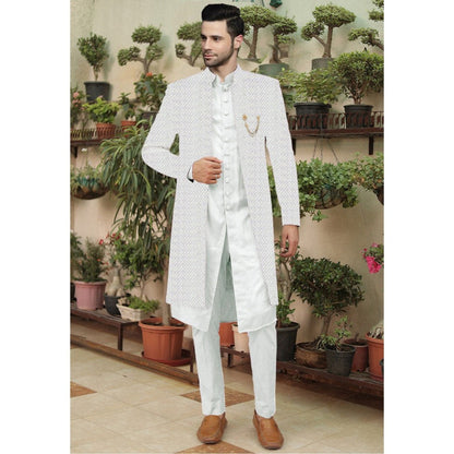 UTSAV FASHION Embroidered Off White Cotton Silk Faux Georgette Sherwani with Pant and Jacket