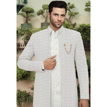 UTSAV FASHION Embroidered Off White Cotton Silk Faux Georgette Sherwani with Pant and Jacket